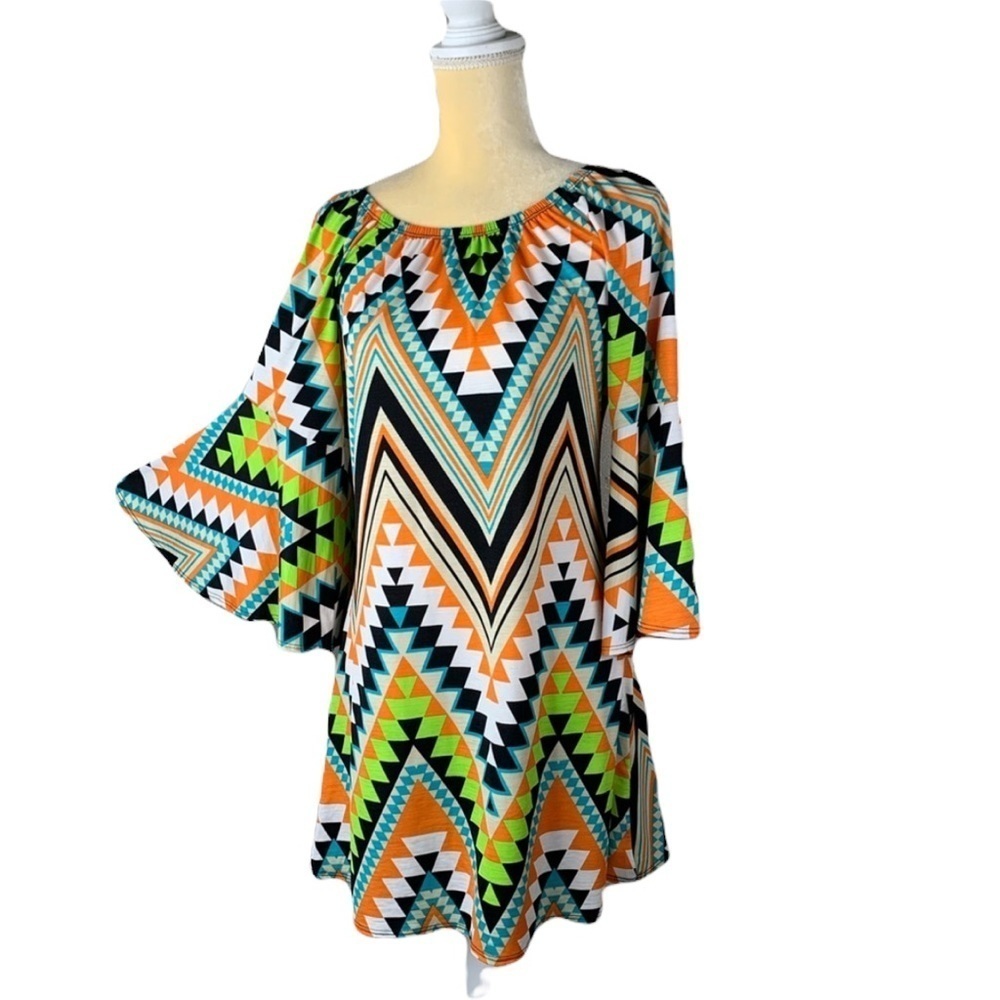 Cezanne Boho 70’s Inspired Bell Sleeves Colorful Dress Size Small